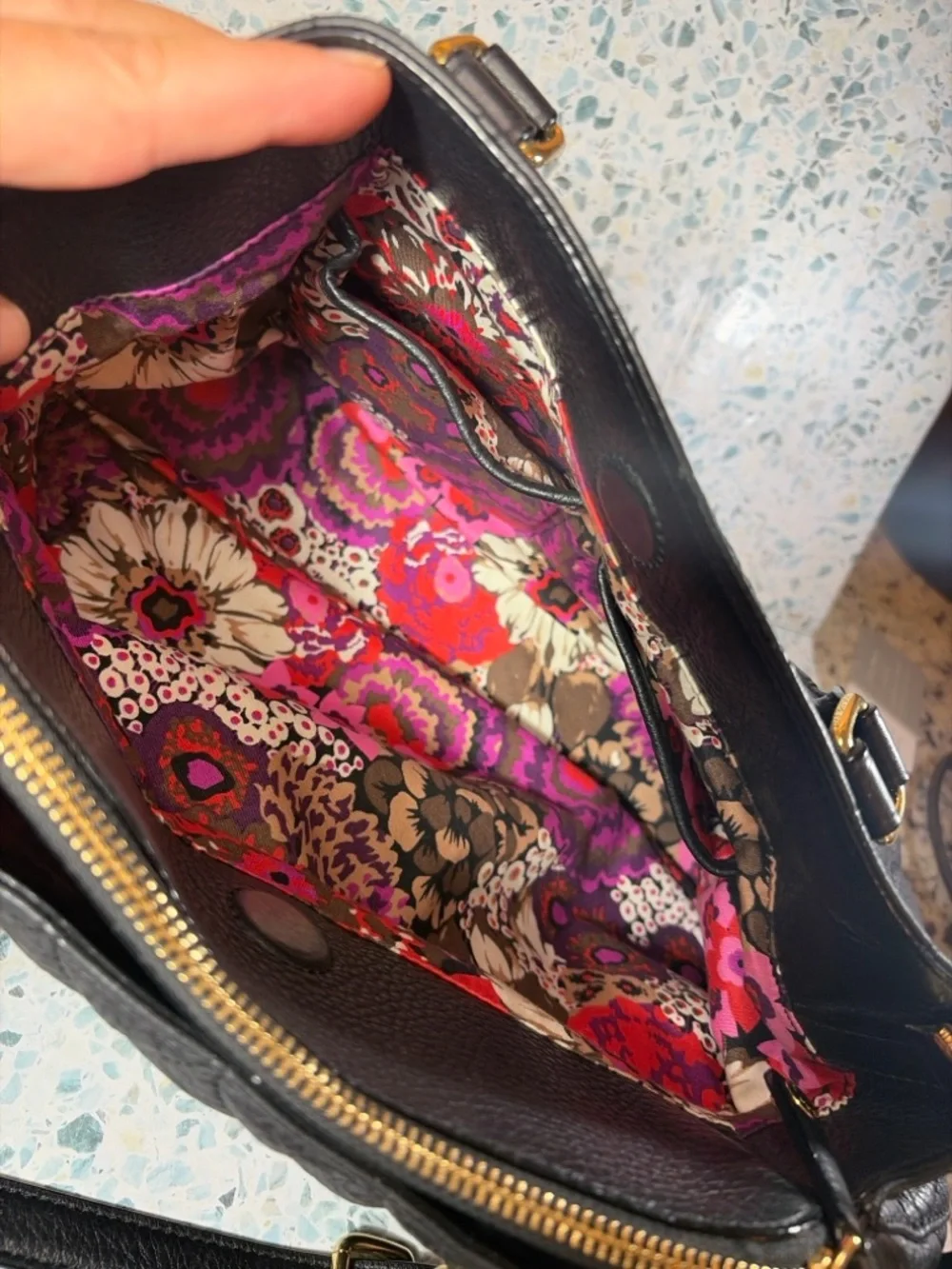 Vera Bradley Black Quilted Satchel with Floral Lining - Picture 9 of 11